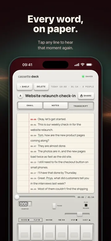 Every word, on paper. The Transcript tab