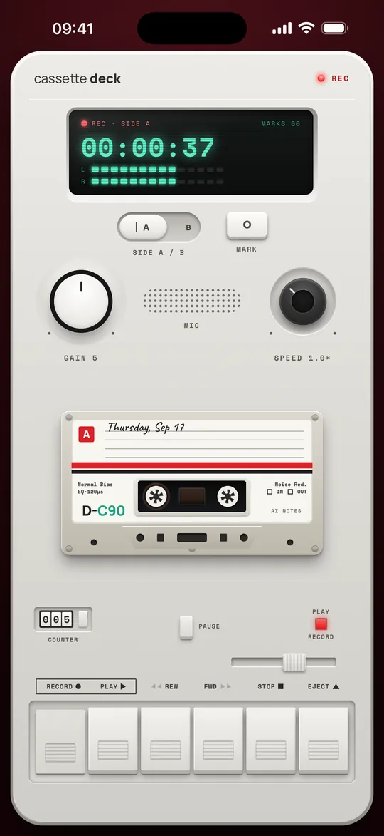 Cassette recording a meeting: the tape counter running and the VU meters lit