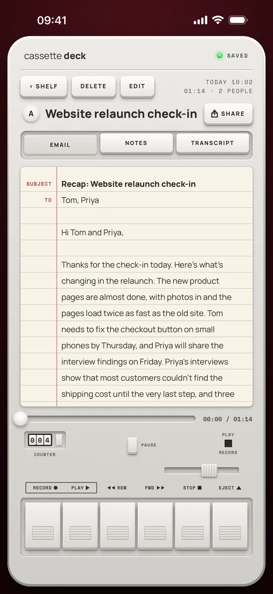 The Email tab: a recap email addressed to Tom and Priya