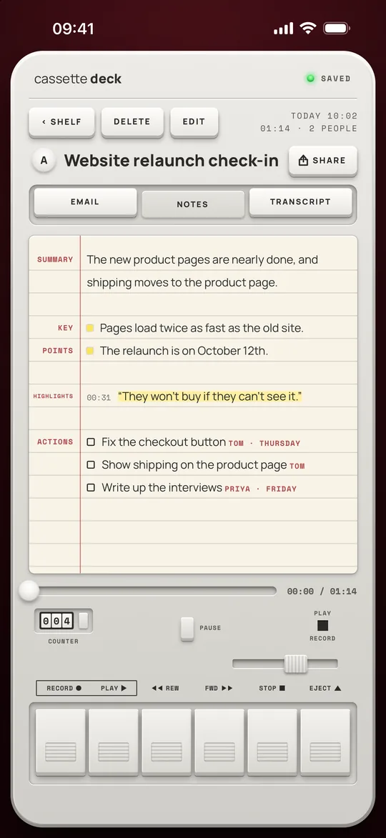 The Notes tab: a summary, a highlighted quote and three action items with due dates