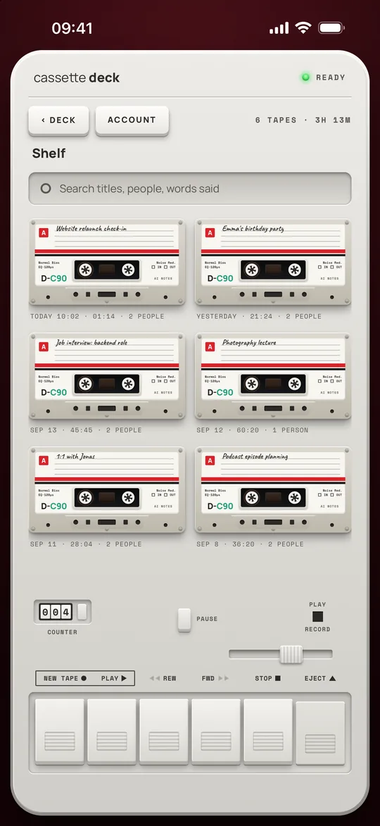 The Shelf: six tapes with dates, lengths and the people in them, and a search field
