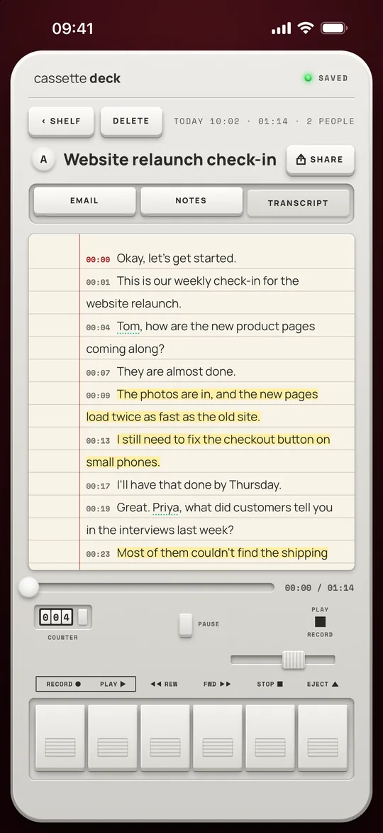 The Transcript tab: every line with its timestamp, names underlined